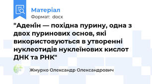 "Адені́н — похідна пурину, одна з двох пуринових основ, які використовуються в утворенні нуклеотидів нуклеїнових кислот ДНК та РНК"