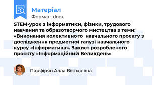 STEM-урок з інформатики, фізики, трудового навчання та образотворчого мистецтва з теми: «Виконання колективного  навчального проєкту з дослідження предметної галузі навчального курсу «Інформатика». Захист розробленого проєкту «Інформаційний Великдень»