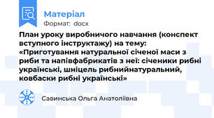 План уроку виробничого навчання (конспект вступного інструктажу) на тему: «Приготування натуральної січеної маси з риби та напівфабрикатів з неї: січеники рибні українські, шніцель рибнийнатуральний, ковбаски рибні українські»