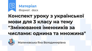 Конспект уроку з української мови для 3 класу на тему "Змінювання іменників за числами: однина та множина"