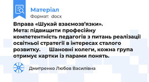 Вправа «Шукай взаємозв’язки».                Мета: підвищити професійну компетентність педагогів з питань реалізації освітньої стратегії в інтересах сталого розвитку.      Шановні колеги, кожна група отримує картки із парами понять.