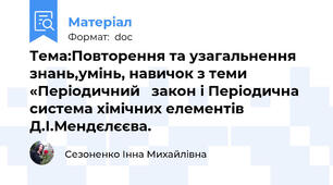 Тема:Повторення та узагальнення знань,умінь, навичок з теми «Періодичний   закон і Періодична система хімічних елементів Д.І.Мендєлєєва.