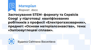 Застосування STEM- формату та Сервісів  Googl  у підготовці  кваліфікованих робітників з професії «Електрогазозварник», предмет: «Основи матеріалознавства»,  тема: «Залізовуглецеві сплави».
