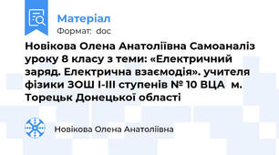 Новікова Олена Анатоліївна Самоаналіз уроку 8 класу з теми: «Електричний заряд. Електрична взаємодія». учителя фізики ЗОШ І-ІІІ ступенів № 10 ВЦА  м. Торецьк Донецької області
