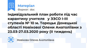 Індивідуальний план роботи під час карантину учителя   у ЗЗСО І-ІІІ ступенів № 10 м. Торецьк Донецької області Новікової Олени Анатоліївни з 23.03-27.03.2020 року (ІІ тиждень)
