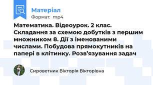 Математика. Відеоурок. 2 клас. Складання за схемою добутків з першим множником 8. Дії з іменованими числами. Побудова прямокутників на папері в клітинку. Розв’язування задач