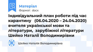 Індивідуальний план роботи під час карантину   (06.04.2020 – 24.04.2020) вчителя української мови та літератури,  зарубіжної літератури Шейко Наталії Володимирівни