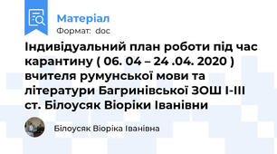 Індивідуальний план роботи під час карантину ( 06. 04 – 24 .04. 2020 ) вчителя румунської мови та літератури Багринівської ЗОШ І-ІІІ ст. Білоусяк Віоріки Іванівни