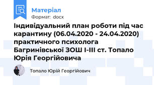 Індивідуальний план роботи під час карантину (06.04.2020 - 24.04.2020) практичного психолога Багринівської ЗОШ І-ІІІ ст. Топало Юрія Георгійовича