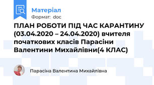 ПЛАН РОБОТИ ПІД ЧАС КАРАНТИНУ (03.04.2020 – 24.04.2020) вчителя початкових класів Парасіни Валентини Михайлівни(4 КЛАС)