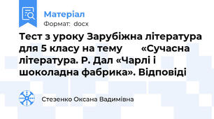 Тест з уроку Зарубіжна література для 5 класу на тему       «Сучасна література. Р. Дал «Чарлі і шоколадна фабрика». Відповіді