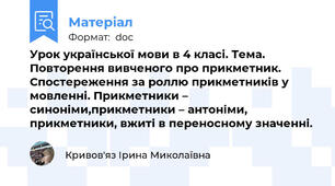 Урок української мови в 4 класі. Тема. Повторення вивченого про прикметник. Спостереження за роллю прикметників у мовленні. Прикметники – синоніми,прикметники – антоніми, прикметники, вжиті в переносному значенні.