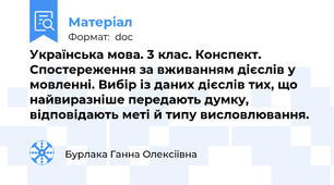 Українська мова. 3 клас. Конспект. Спостереження за вживанням дієслів у мовленні. Вибір із даних дієслів тих, що найвиразніше передають думку, відповідають меті й типу висловлювання.