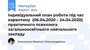 Індивідуальний план роботи під час карантину  (06.04.2020 – 24.04.2020) практичного психолога  загальноосвітнього навчального закладу