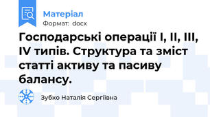 Господарські операції І, ІІ, ІІІ, ІV типів. Структура та зміст статті активу та пасиву балансу.