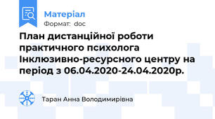 План дистанційної роботи практичного психолога Інклюзивно-ресурсного центру на період з 06.04.2020-24.04.2020р.