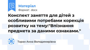 Конспект заняття для дітей з особливими потребами корекція розвитку на тему:"Впізнання предмета за даними ознаками."