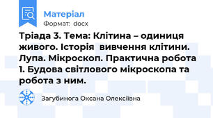 Тріада 3. Тема: Клітина – одиниця живого. Історія  вивчення клітини. Лупа. Мікроскоп. Практична робота 1. Будова світлового мікроскопа та робота з ним.