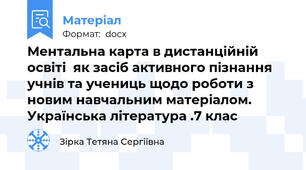 Ментальна карта в дистанційній освіті  як засіб активного пізнання учнів та учениць щодо роботи з новим навчальним матеріалом. Українська література .7 клас