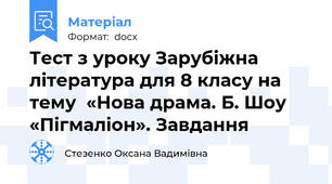 Тест з уроку Зарубіжна література для 8 класу на тему  «Нова драма. Б. Шоу  «Пігмаліон». Завдання