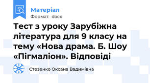 Тест з уроку Зарубіжна література для 9 класу на тему «Нова драма. Б. Шоу  «Пігмаліон». Відповіді