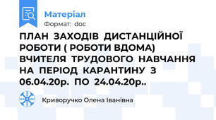 ПЛАН  ЗАХОДІВ  ДИСТАНЦІЙНОЇ  РОБОТИ ( РОБОТИ ВДОМА)  ВЧИТЕЛЯ  ТРУДОВОГО  НАВЧАННЯ  НА  ПЕРІОД  КАРАНТИНУ  З  06.04.20р.  ПО  24.04.20р..