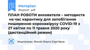 ПЛАН РОБОТИ вихователя – методиста  на час карантину для запобіганню поширенню коронавірусу COVID-19 з 27 квітня по 11 травня 2020 року (дистанційний режим)