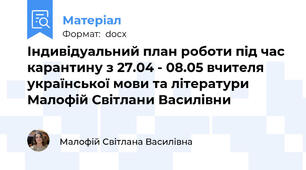 Індивідуальний план роботи під час карантину з 27.04 - 08.05 вчителя української мови та літератури Малофій Світлани Василівни