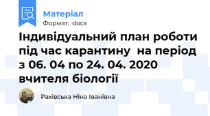 Індивідуальний план роботи під час карантину  на період з 06. 04 по 24. 04. 2020 вчителя біології
