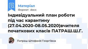 Індивідуальний план роботи  під час карантину (27.04.2020-08.05.2020)вчителя початкових класів ПАТРАШ.Ш.Г.