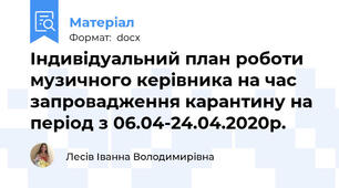 Індивідуальний план роботи музичного керівника на час запровадження карантину на період з 06.04-24.04.2020р.