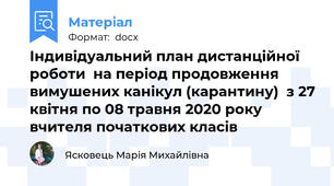 Індивідуальний план дистанційної роботи  на період продовження вимушених канікул (карантину)  з 27 квітня по 08 травня 2020 року  вчителя початкових класів