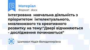 Інтегрована  навчальна діяльність з пріоритетом  інтелектуального, мовленнєвого та креативного розвитку на тему:"Двері відчиняються - дослідження починаються"