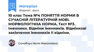10 клас Тема №4 ПОНЯТТЯ НОРМИ В СУЧАСНІЙ ЛІТЕРАТУРНІЙ МОВІ.  МОРФОЛОГІЧНА НОРМА. Тест №3.  Іменники. Відміни іменників. Відмінкові закінчення іменників ІІ відміни.