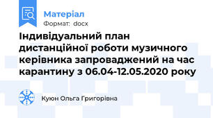 Індивідуальний план дистанційної роботи музичного керівника запроваджений на час карантину з 06.04-12.05.2020 року
