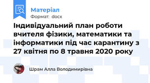 Індивідуальний план роботи вчителя фізики, математики та інформатики під час карантину з 27 квітня по 8 травня 2020 року