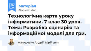Технологічна карта уроку інформатики. 7 клас 30 урок. Тема: Розробка сценарію та інформаційної моделі для гри.