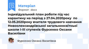 Індивідуальний план роботи під час карантину на період з 27.04.2020року  по 12.05.2020року вчителя трудового навчання  Новоолександрівської загальноосвітньої школи І-ІІІ ступенів Фурсенко Оксани Василівни