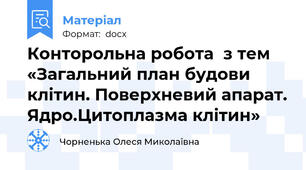Конторольна робота  з тем «Загальний план будови клітин. Поверхневий апарат. Ядро.Цитоплазма клітин»
