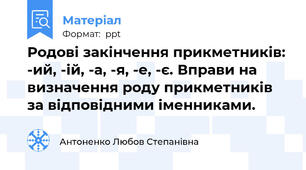 Родові закінчення прикметників: -ий, -ій, -а, -я, -е, -є. Вправи на визначення роду прикметників за відповідними іменниками.