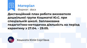 Дистанційний план роботи вихователя дошкільної групи Кошматої Ю.С. при спеціальній школі. Запланована педагогічно-методична діяльність на період карантину з 27.04. - 29.05.