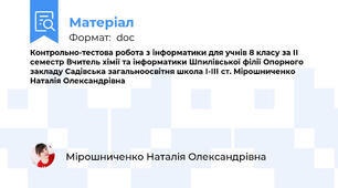 Контрольно-тестова робота з інформатики для учнів 8 класу за ІІ семестр Вчитель хімії та інформатики Шпилівської філії Опорного закладу Садівська загальноосвітня школа І-ІІІ ст. Мірошниченко Наталія Олександрівна