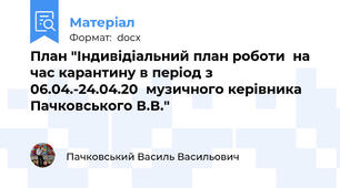 План "Індивідіальний план роботи  на час карантину в період з 06.04.-24.04.20  музичного керівника Пачковського В.В."
