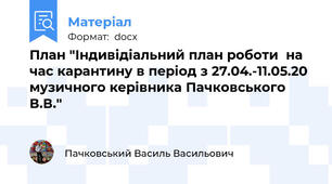 План "Індивідіальний план роботи  на час карантину в період з 27.04.-11.05.20  музичного керівника Пачковського В.В."