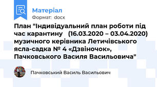 План "Індивідуальний план роботи під час карантину   (16.03.2020 – 03.04.2020) музичного керівника Летичівського ясла-садка № 4 «Дзвіночок», Пачковського Василя Васильовича"