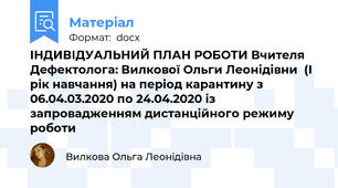 ІНДИВІДУАЛЬНИЙ ПЛАН РОБОТИ Вчителя Дефектолога: Вилкової Ольги Леонідівни  (І рік навчання) на період карантину з 06.04.03.2020 по 24.04.2020 із запровадженням дистанційного режиму роботи