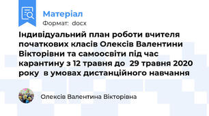 Індивідуальний план роботи вчителя початкових класів Олексів Валентини Вікторівни та самоосвіти під час карантину з 12 травня до  29 травня 2020 року  в умовах дистанційного навчання