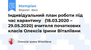 Індивідуальний план роботи під час карантину   (18.03.2020 – 29.05.2020) вчителя початкових класів Олексів Ірини Віталіївни