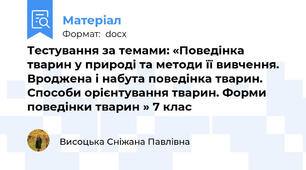 Тестування за темами: «Поведінка тварин у природі та методи її вивчення. Вроджена і набута поведінка тварин. Способи орієнтування тварин. Форми поведінки тварин » 7 клас
