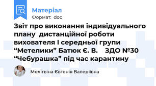Звіт про виконання індивідуального плану  дистанційної роботи  вихователя I середньої групи “Метелики” Батюк Є. В.    ЗДО №30 “Чебурашка” під час карантину